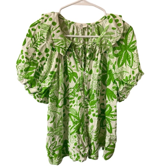 entro Tops - Entro Green Flutter Sleeve Blouse with Bib Collar